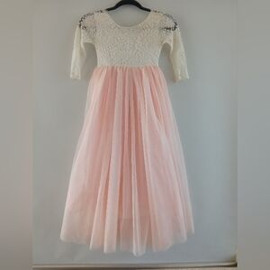2Bunnies Lace & Tulle Flower Girl Formal Maxi Dress Cream Pink Size 7-8Y